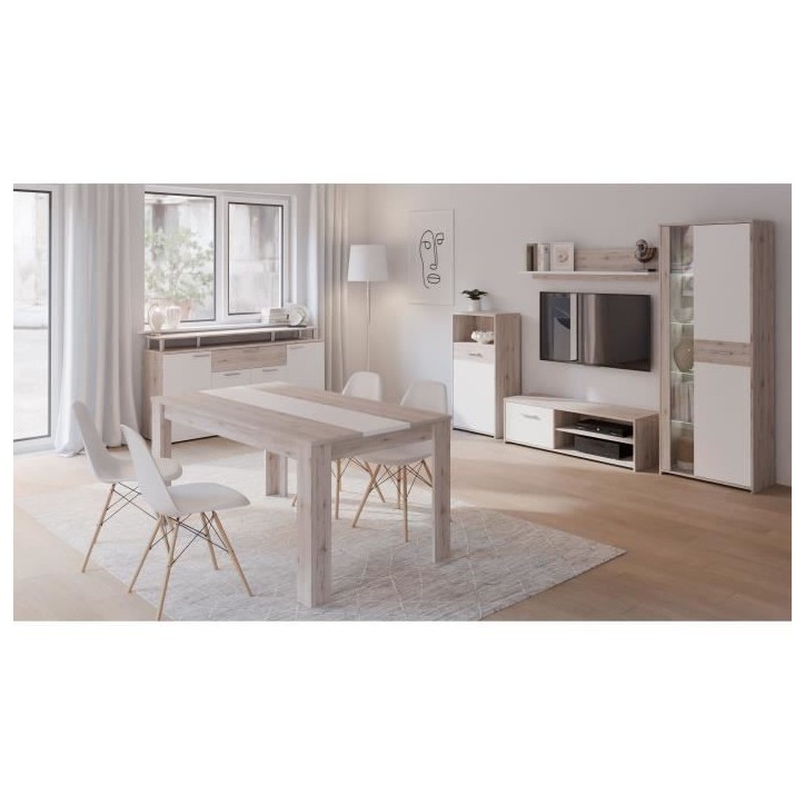 GULADA Ensemble meuble télé - buffet 170cm - table a manger 160cm - Contemporain - Blanc et décor chene GULADA Ensemble meuble télé - buffet 170cm - table a manger 160cm - Contemporain - Blanc et décor chene