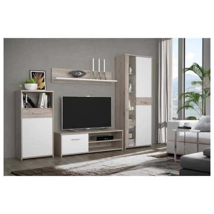 GULADA Ensemble meuble télé - buffet 170cm - table a manger 160cm - Contemporain - Blanc et décor chene GULADA Ensemble meuble télé - buffet 170cm - table a manger 160cm - Contemporain - Blanc et décor chene