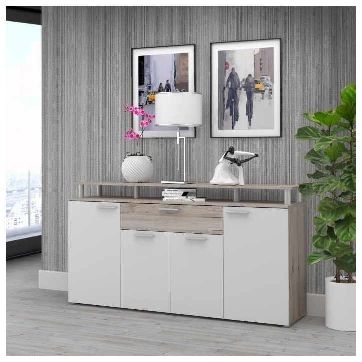 GULADA Ensemble meuble télé - buffet 170cm - table a manger 160cm - Contemporain - Blanc et décor chene GULADA Ensemble meuble télé - buffet 170cm - table a manger 160cm - Contemporain - Blanc et décor chene