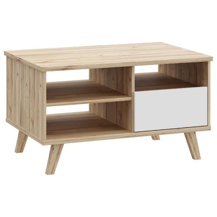 Table basse - VANKKA - Rectangulaire - Chene / Blanc mat - Pieds en bois - 90 x 60 x 51,8 cm