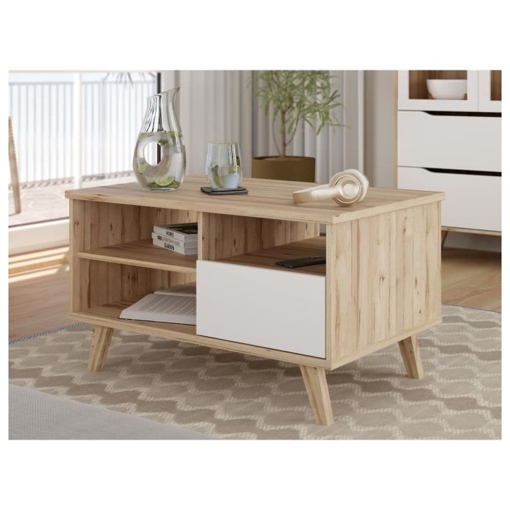 Table basse - VANKKA - Rectangulaire - Chene / Blanc mat - Pieds en bois - 90 x 60 x 51,8 cm