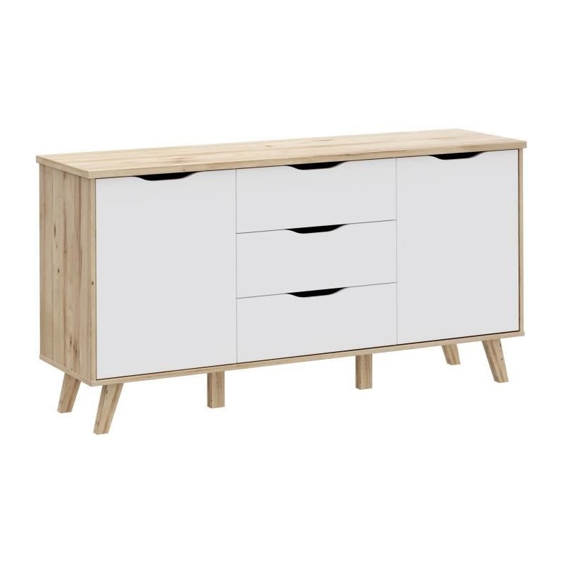 Buffet - VANKKA - Chene / Blanc mat - 2 portes - 3 tiroirs Buffet - VANKKA - Chene / Blanc mat - 2 portes - 3 tiroirs
