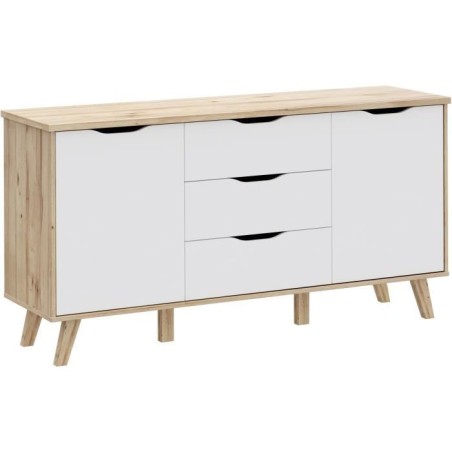 Buffet - VANKKA - Chene / Blanc mat - 2 portes - 3 tiroirs