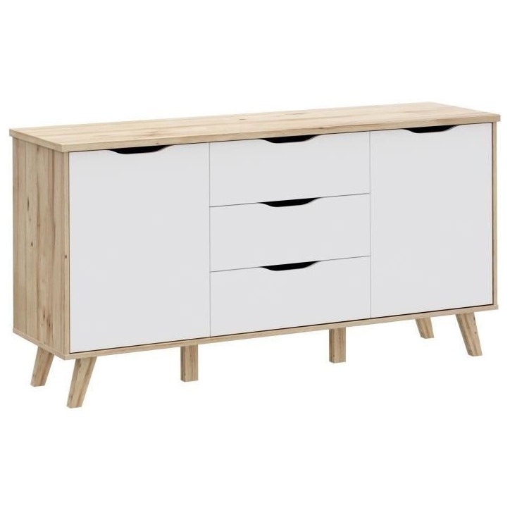 Buffet - VANKKA - Chene / Blanc mat - 2 portes - 3 tiroirs