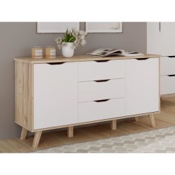 Buffet - VANKKA - Chene / Blanc mat - 2 portes - 3 tiroirs