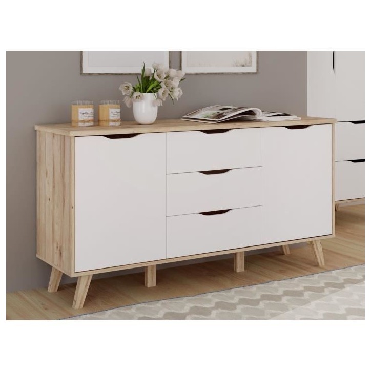 Buffet - VANKKA - Chene / Blanc mat - 2 portes - 3 tiroirs