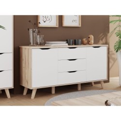 Buffet - VANKKA - Chene / Blanc mat - 2 portes - 3 tiroirs