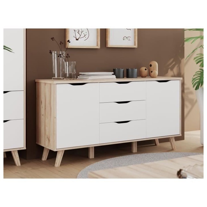 Buffet - VANKKA - Chene / Blanc mat - 2 portes - 3 tiroirs