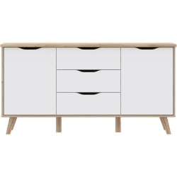 Buffet - VANKKA - Chene / Blanc mat - 2 portes - 3 tiroirs