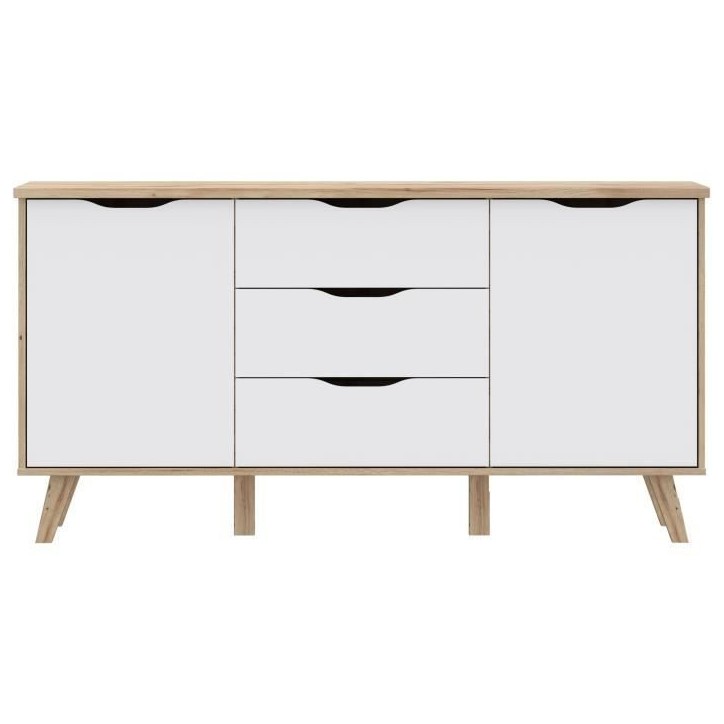Buffet - VANKKA - Chene / Blanc mat - 2 portes - 3 tiroirs