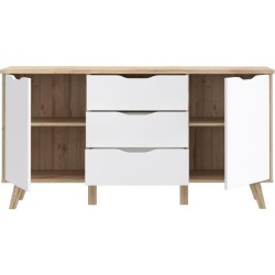 Buffet - VANKKA - Chene / Blanc mat - 2 portes - 3 tiroirs