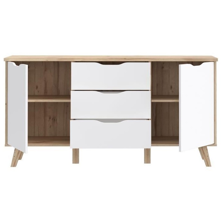 Buffet - VANKKA - Chene / Blanc mat - 2 portes - 3 tiroirs