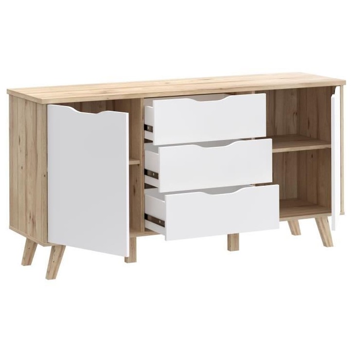 Buffet - VANKKA - Chene / Blanc mat - 2 portes - 3 tiroirs