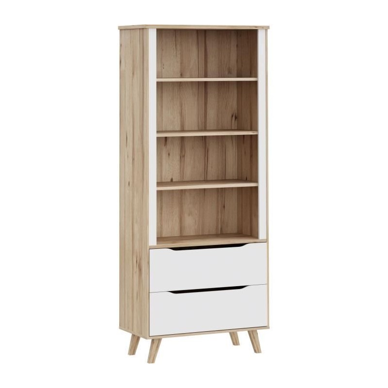 Bibliotheque - VANKKA - 4 étageres - 2 tiroirs - Chene / Blanc - 87,7 Bibliotheque - VANKKA - 4 étageres - 2 tiroirs - Chene / Blanc - 87,7