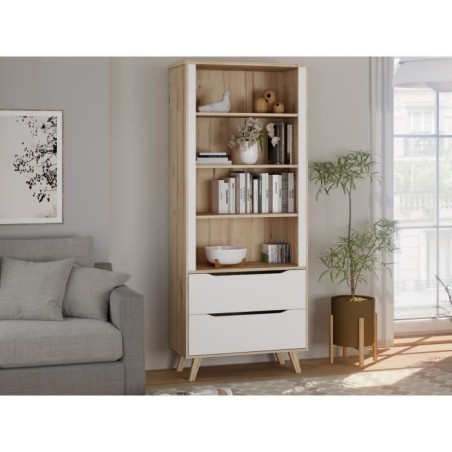 Bibliotheque - VANKKA - 4 étageres - 2 tiroirs - Chene / Blanc - 87,7 x 41,7 x 201,5 cm