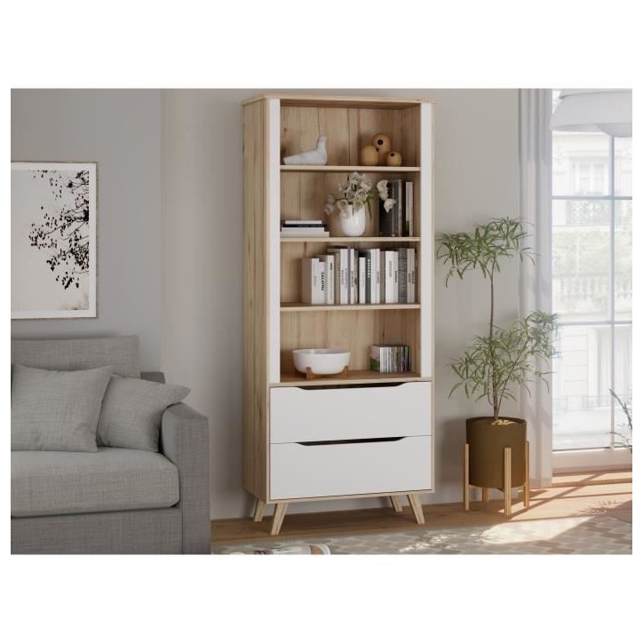 Bibliotheque - VANKKA - 4 étageres - 2 tiroirs - Chene / Blanc - 87,7 x 41,7 x 201,5 cm Bibliotheque - VANKKA - 4 étageres - 2 tiroirs - Chene / Blanc - 87,7 x 41,7 x 201,5 cm