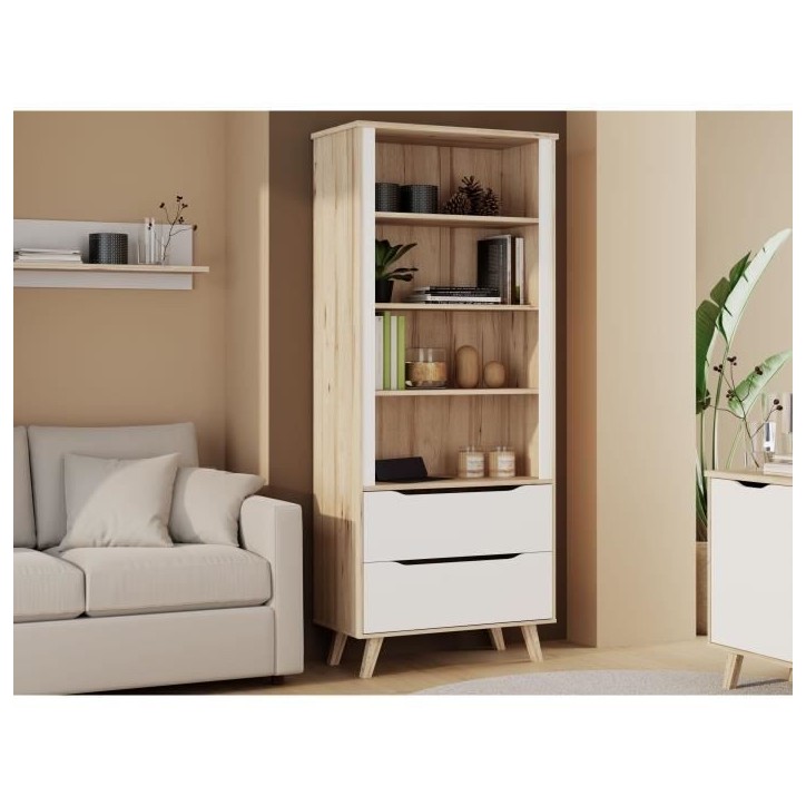 Bibliotheque - VANKKA - 4 étageres - 2 tiroirs - Chene / Blanc - 87,7 x 41,7 x 201,5 cm Bibliotheque - VANKKA - 4 étageres - 2 tiroirs - Chene / Blanc - 87,7 x 41,7 x 201,5 cm