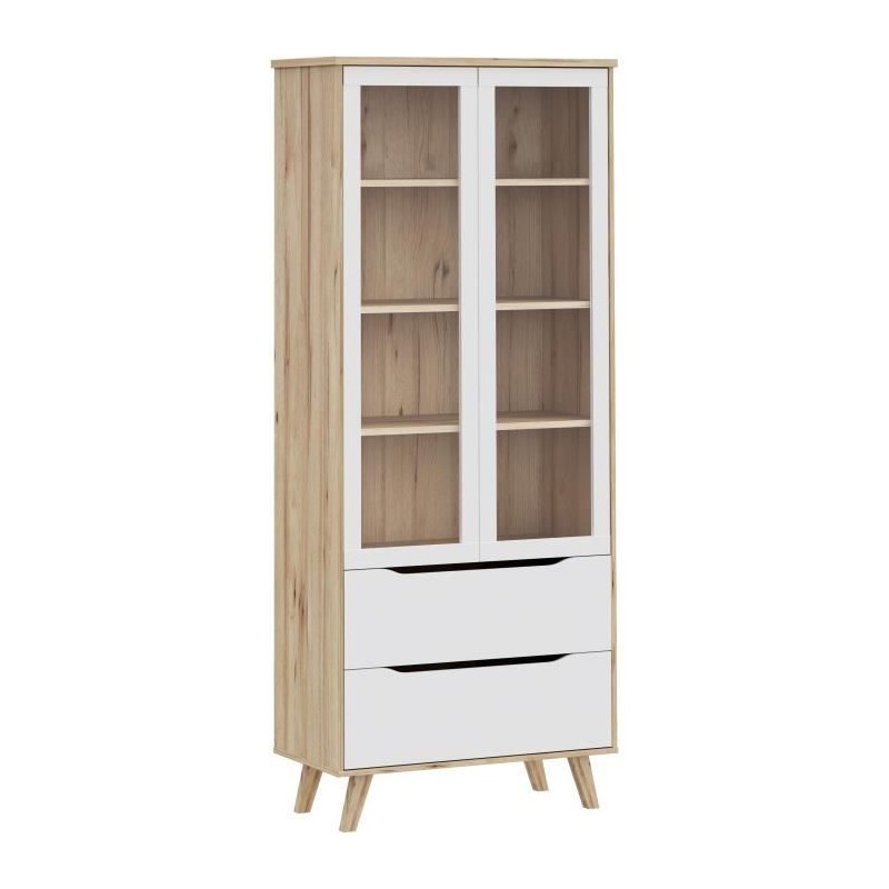 Vitrine - VANKKA - 2 portes vitrées - Chene / Blanc mat - 84,7 x 41,7