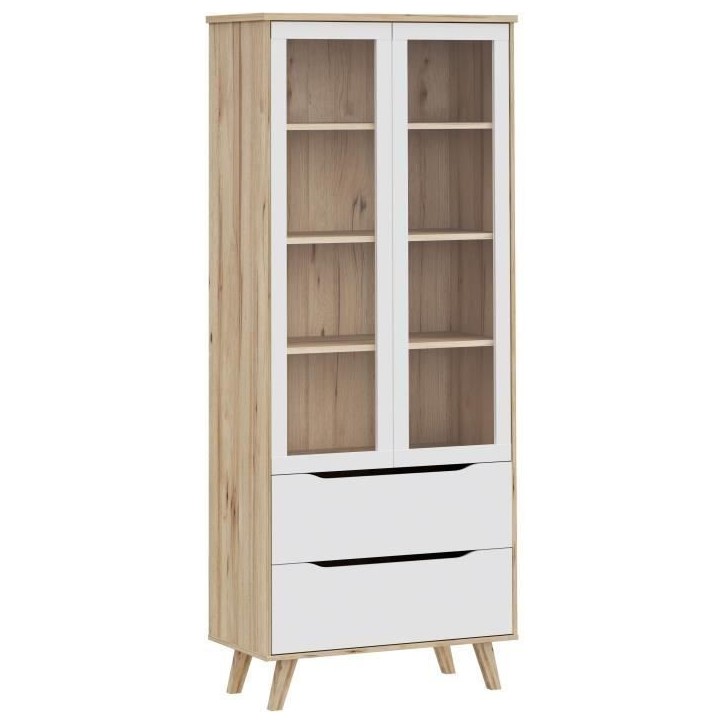 Vitrine - VANKKA - 2 portes vitrées - Chene / Blanc mat - 84,7 x 41,7 x 201,5 cm