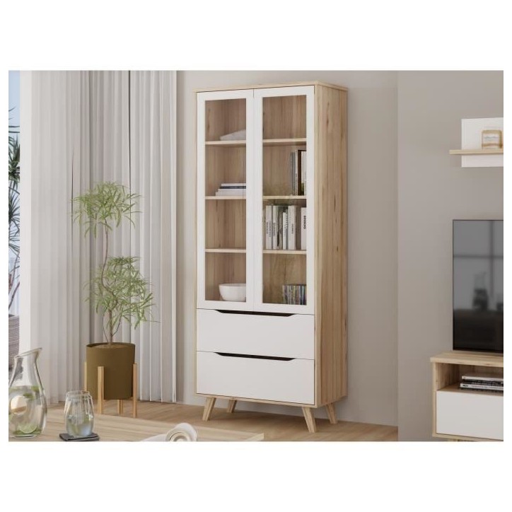 Vitrine - VANKKA - 2 portes vitrées - Chene / Blanc mat - 84,7 x 41,7 x 201,5 cm