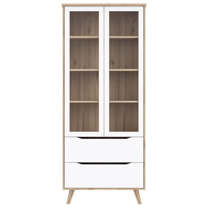 Vitrine - VANKKA - 2 portes vitrées - Chene / Blanc mat - 84,7 x 41,7 x 201,5 cm