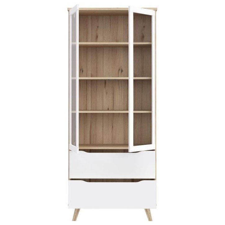 Vitrine - VANKKA - 2 portes vitrées - Chene / Blanc mat - 84,7 x 41,7 x 201,5 cm