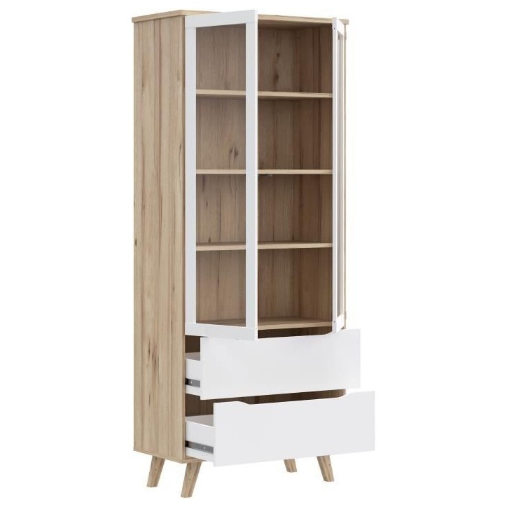 Vitrine - VANKKA - 2 portes vitrées - Chene / Blanc mat - 84,7 x 41,7 x 201,5 cm