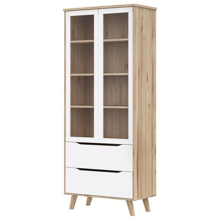 Vitrine - VANKKA - 2 portes vitrées - Chene / Blanc mat - 84,7 x 41,7 x 201,5 cm