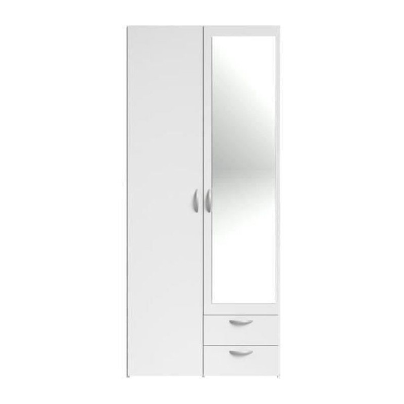 Armoire VARIA - Décor blanc - 2 portes battantes + 1 miroir + 2 tiroi Armoire VARIA - Décor blanc - 2 portes battantes + 1 miroir + 2 tiroi