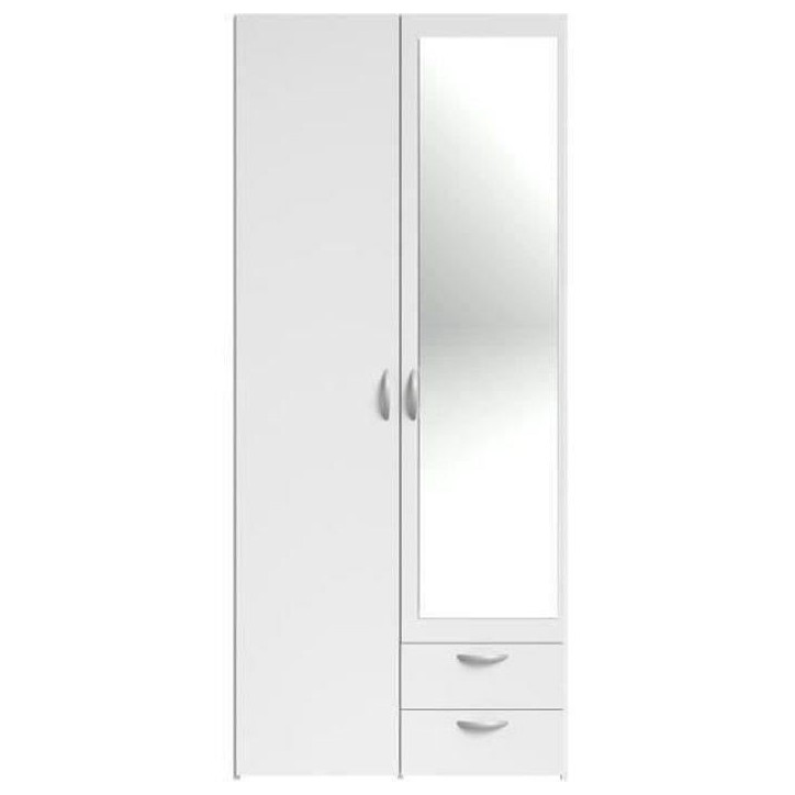 Armoire VARIA - Décor blanc - 2 portes battantes + 1 miroir + 2 tiroirs - L 81 x H 185 x P 51 cm - PARISOT Armoire VARIA - Décor blanc - 2 portes battantes + 1 miroir + 2 tiroirs - L 81 x H 185 x P 51 cm - PARISOT