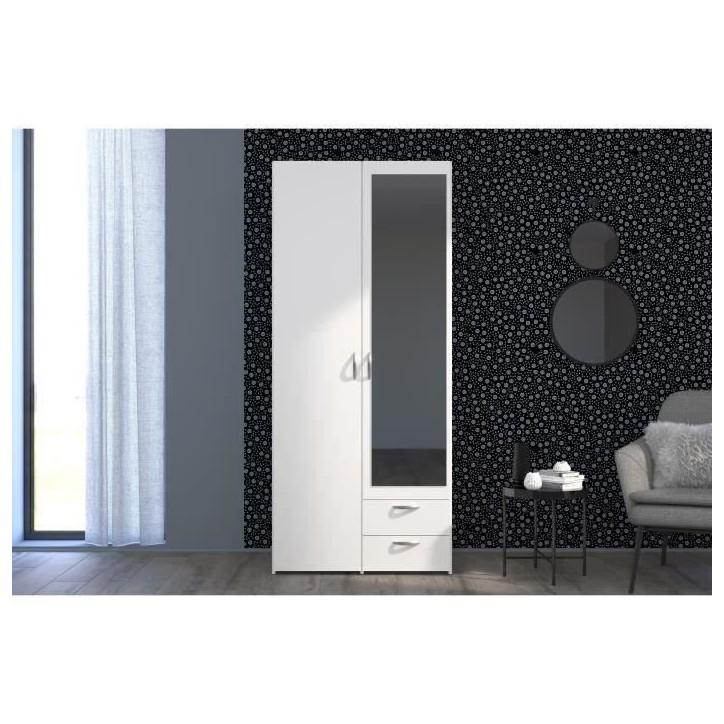 Armoire VARIA - Décor blanc - 2 portes battantes + 1 miroir + 2 tiroirs - L 81 x H 185 x P 51 cm - PARISOT Armoire VARIA - Décor blanc - 2 portes battantes + 1 miroir + 2 tiroirs - L 81 x H 185 x P 51 cm - PARISOT