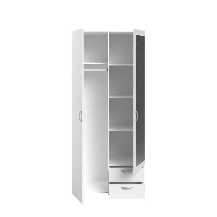Armoire VARIA - Décor blanc - 2 portes battantes + 1 miroir + 2 tiroirs - L 81 x H 185 x P 51 cm - PARISOT Armoire VARIA - Décor blanc - 2 portes battantes + 1 miroir + 2 tiroirs - L 81 x H 185 x P 51 cm - PARISOT