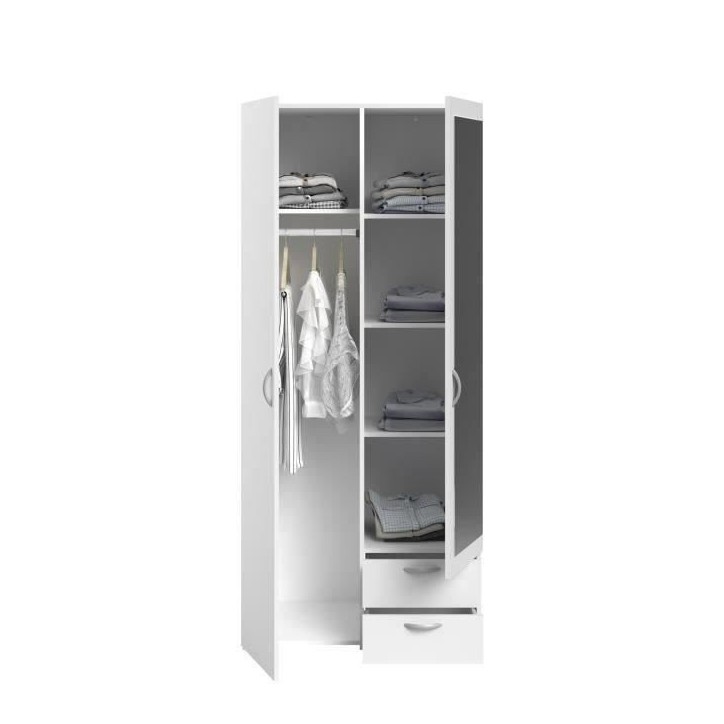 Armoire VARIA - Décor blanc - 2 portes battantes + 1 miroir + 2 tiroirs - L 81 x H 185 x P 51 cm - PARISOT Armoire VARIA - Décor blanc - 2 portes battantes + 1 miroir + 2 tiroirs - L 81 x H 185 x P 51 cm - PARISOT