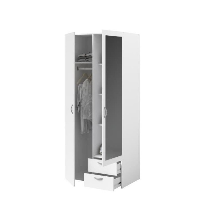 Armoire VARIA - Décor blanc - 2 portes battantes + 1 miroir + 2 tiroirs - L 81 x H 185 x P 51 cm - PARISOT Armoire VARIA - Décor blanc - 2 portes battantes + 1 miroir + 2 tiroirs - L 81 x H 185 x P 51 cm - PARISOT