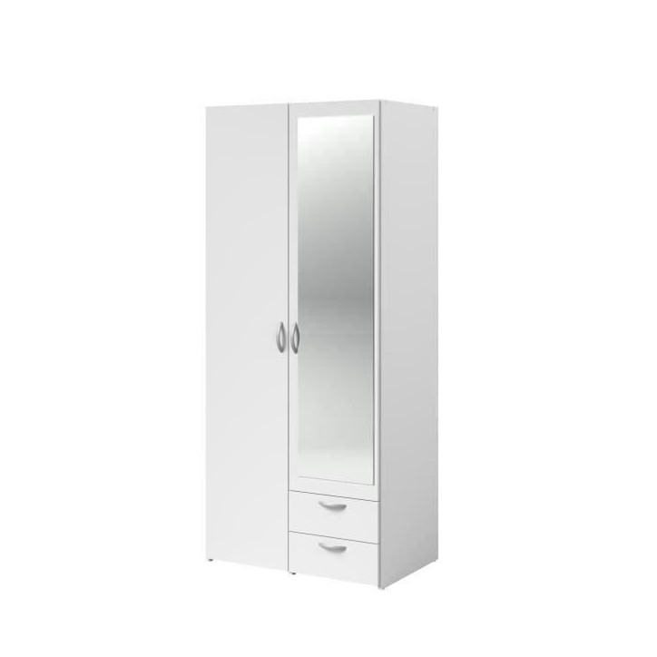 Armoire VARIA - Décor blanc - 2 portes battantes + 1 miroir + 2 tiroirs - L 81 x H 185 x P 51 cm - PARISOT Armoire VARIA - Décor blanc - 2 portes battantes + 1 miroir + 2 tiroirs - L 81 x H 185 x P 51 cm - PARISOT