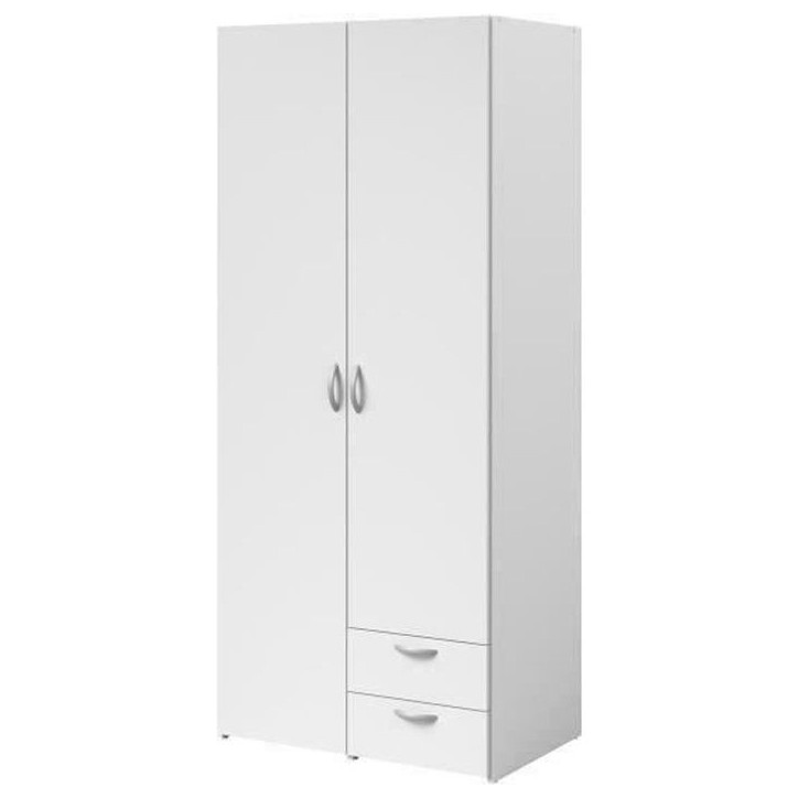 Armoire VARIA - Décor blanc - 2 portes battantes + 2 tiroirs - L 81 cm x H 185 x P 51 cm - PARISOT