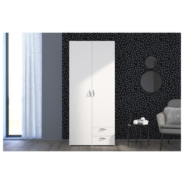 Armoire VARIA - Décor blanc - 2 portes battantes + 2 tiroirs - L 81 cm x H 185 x P 51 cm - PARISOT