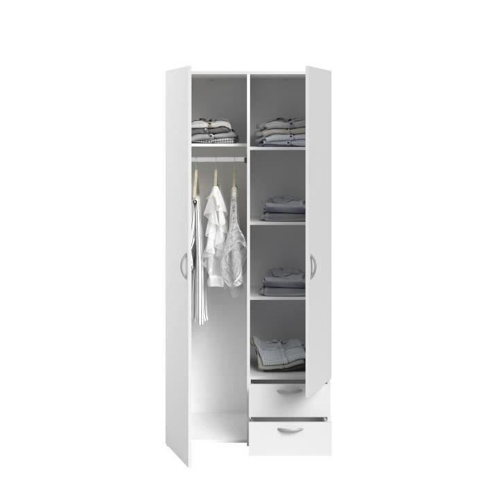 Armoire VARIA - Décor blanc - 2 portes battantes + 2 tiroirs - L 81 cm x H 185 x P 51 cm - PARISOT