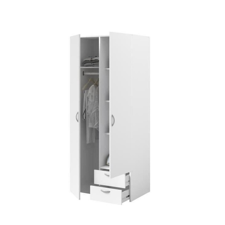 Armoire VARIA - Décor blanc - 2 portes battantes + 2 tiroirs - L 81 cm x H 185 x P 51 cm - PARISOT