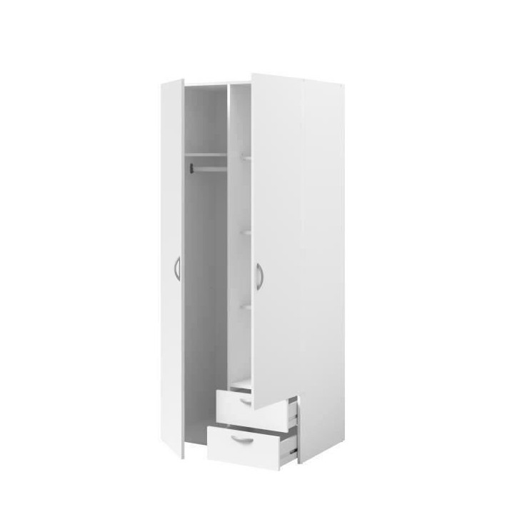 Armoire VARIA - Décor blanc - 2 portes battantes + 2 tiroirs - L 81 cm x H 185 x P 51 cm - PARISOT