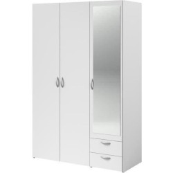 Armoire VARIA - Décor blanc - 3 portes battantes + miroir + 2 tiroirs
