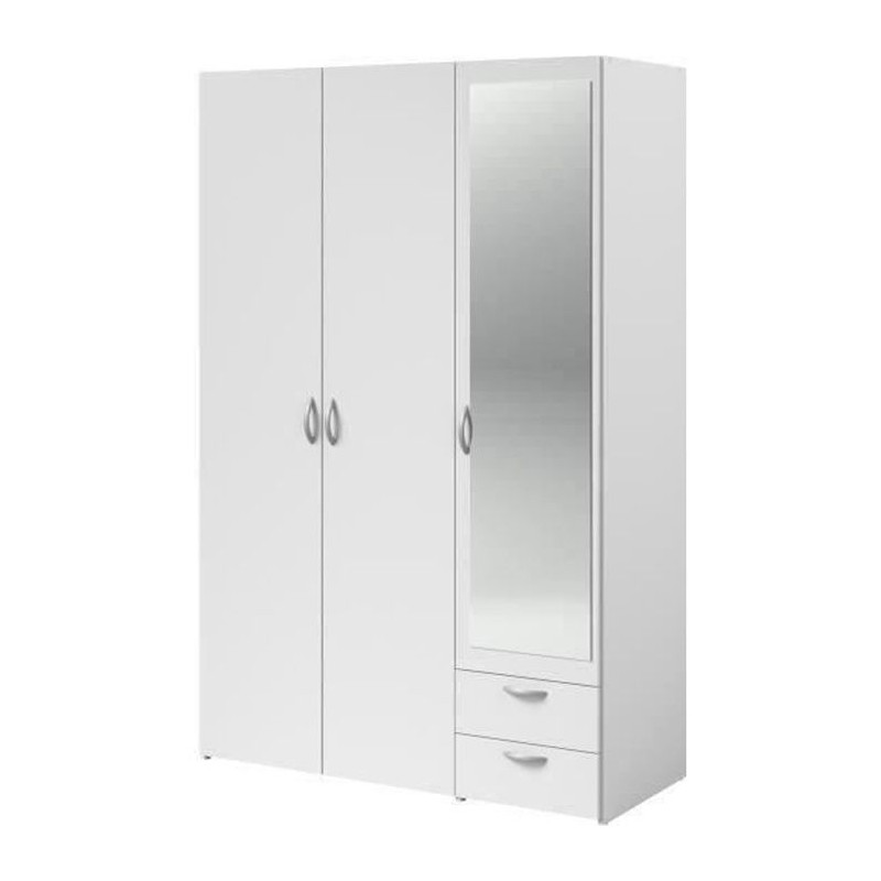 Armoire VARIA - Décor blanc - 3 portes battantes + miroir + 2 tiroirs Armoire VARIA - Décor blanc - 3 portes battantes + miroir + 2 tiroirs