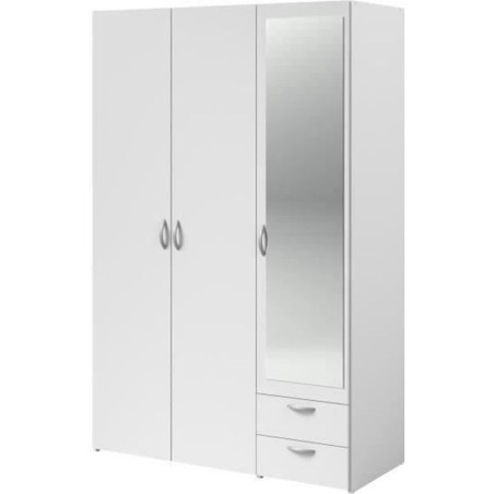 Armoire VARIA - Décor blanc - 3 portes battantes + miroir + 2 tiroirs