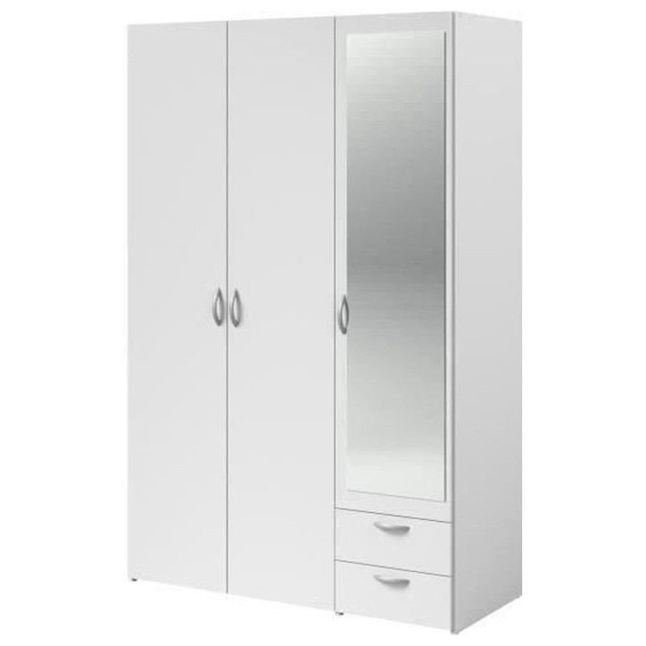 Armoire VARIA - Décor blanc - 3 portes battantes + miroir + 2 tiroirs - L 120 x H 185 x P 51 cm - PARISOT Armoire VARIA - Décor blanc - 3 portes battantes + miroir + 2 tiroirs - L 120 x H 185 x P 51 cm - PARISOT