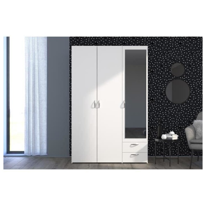 Armoire VARIA - Décor blanc - 3 portes battantes + miroir + 2 tiroirs - L 120 x H 185 x P 51 cm - PARISOT Armoire VARIA - Décor blanc - 3 portes battantes + miroir + 2 tiroirs - L 120 x H 185 x P 51 cm - PARISOT