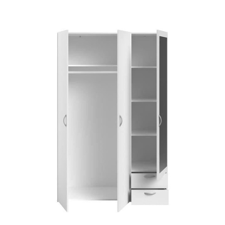 Armoire VARIA - Décor blanc - 3 portes battantes + miroir + 2 tiroirs - L 120 x H 185 x P 51 cm - PARISOT Armoire VARIA - Décor blanc - 3 portes battantes + miroir + 2 tiroirs - L 120 x H 185 x P 51 cm - PARISOT