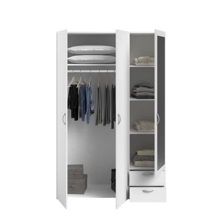 Armoire VARIA - Décor blanc - 3 portes battantes + miroir + 2 tiroirs - L 120 x H 185 x P 51 cm - PARISOT Armoire VARIA - Décor blanc - 3 portes battantes + miroir + 2 tiroirs - L 120 x H 185 x P 51 cm - PARISOT