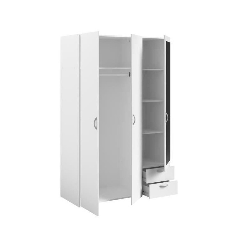Armoire VARIA - Décor blanc - 3 portes battantes + miroir + 2 tiroirs - L 120 x H 185 x P 51 cm - PARISOT Armoire VARIA - Décor blanc - 3 portes battantes + miroir + 2 tiroirs - L 120 x H 185 x P 51 cm - PARISOT