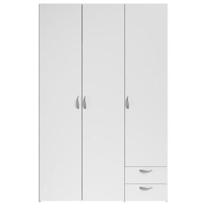 Armoire VARIA - Décor blanc - 3 portes + 2 tiroirs - L 120 x H 185 x P 51 cm - PARISOT Armoire VARIA - Décor blanc - 3 portes + 2 tiroirs - L 120 x H 185 x P 51 cm - PARISOT
