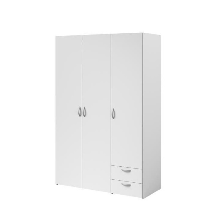 Armoire VARIA - Décor blanc - 3 portes + 2 tiroirs - L 120 x H 185 x P 51 cm - PARISOT Armoire VARIA - Décor blanc - 3 portes + 2 tiroirs - L 120 x H 185 x P 51 cm - PARISOT
